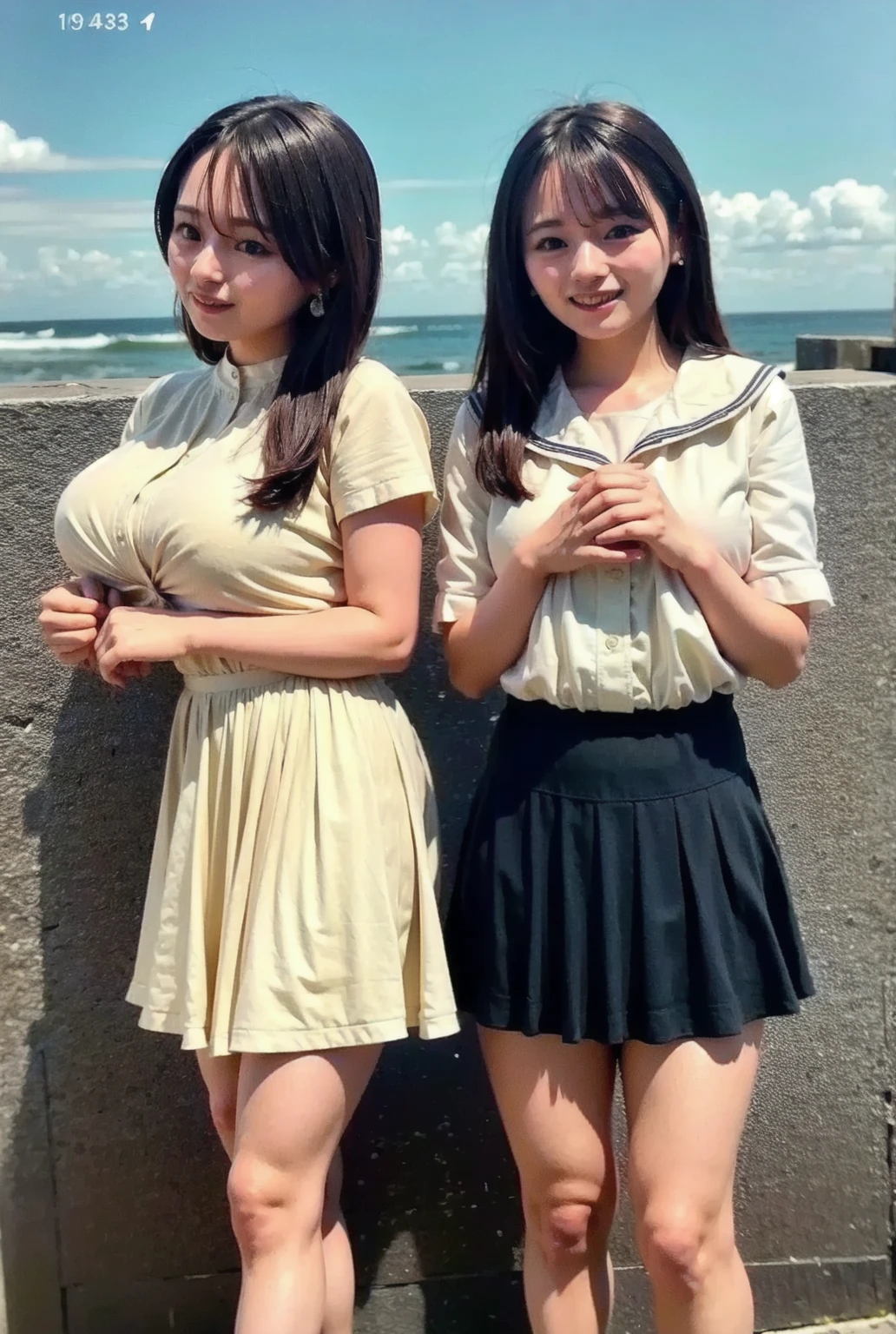 2 girls standing,navy blue bikini-bottom with skirt-style-ruffles,sleeveless white shirt,navy blue bow tie,18year old,bangs,smiles,thighs,short cut hair,poneyTail,beach,blue sky in summer、nipples are visible