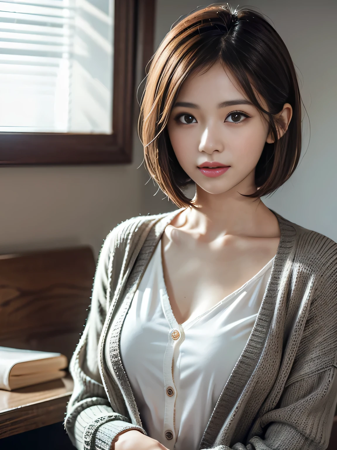 1 female, (Beautiful face with detailed shading), whole body, 40s, (Big Breasts), Beaver, Brown eyes, (Pink Cardigan), Open cardigan, White Camisole Blouse, (Yellow pleated skirt), White knee-high, On the bed, (Tabletop)), ((Highest quality)), (Very detailedな), ((attractive)), ((Very detailed)), 4K, (8k), Highest quality, (beautiful),(((World Class Quality))), Very detailed, High resolution,