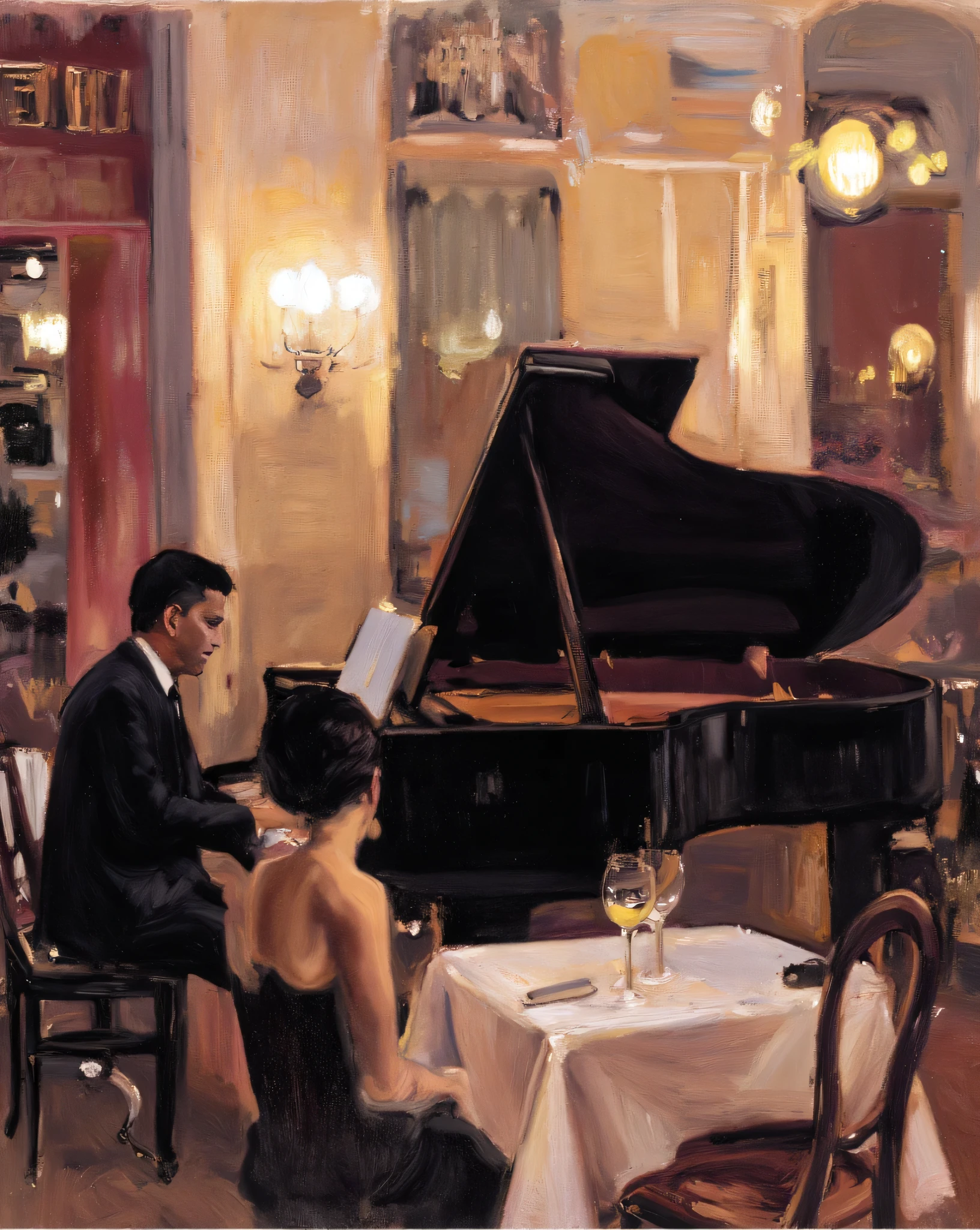 hand drawn oil painting, oil painting, jazz cafe, musician playing a black piano, in the foreground, a girl with a glass of wine listens to music in the evening, oil painting large brush strokes, hand drawn oil painting, absolutley amazing,