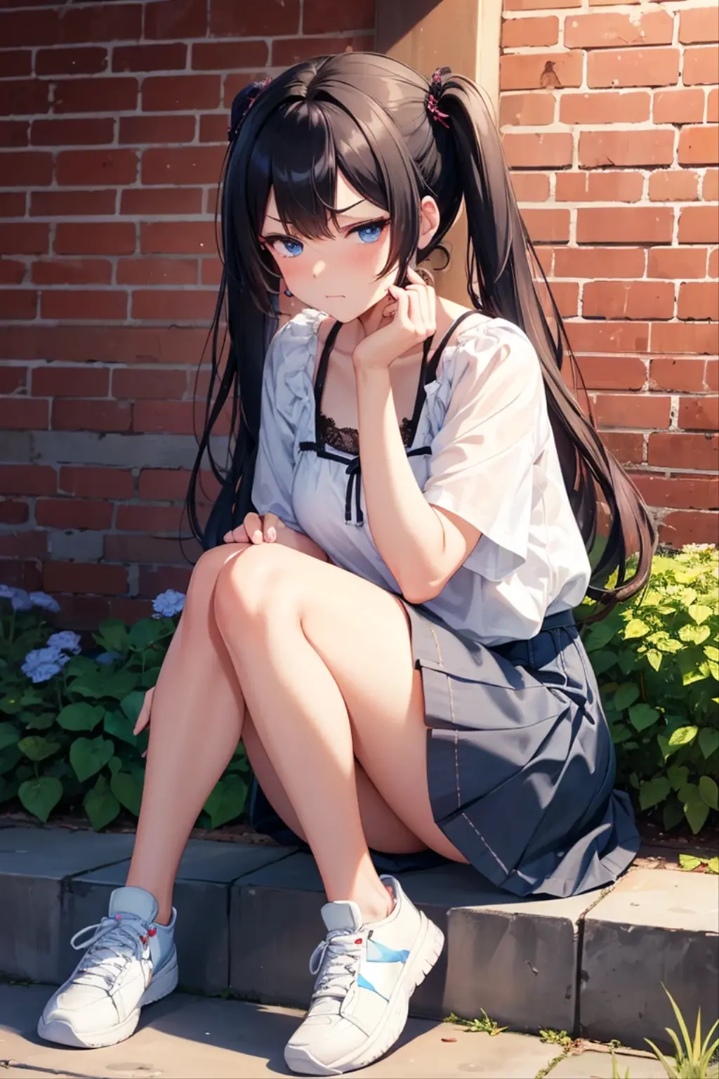 (masterpiece:1.2, best quality), 3girls, multiple girls, , young teen 13yo, slim, short summer dress, upskirt, (children's print panties), long hair, smile, fun, laugh, play, (sitting on bench), (spread legs), railway in background, summer, vibrant colors, bright, white, perky small breast expose, nude