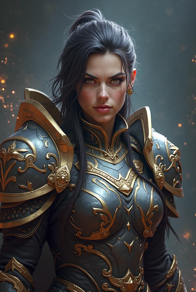 Photo of adepta sororitas, argent shroud, full armor, full metal armor, Christina Chong beautiful face, narrowed eyes. smirk. black braided hair with narrowed eyes, wearing intricate ornamented metal armor, stern face,, solo, (female:1.2), epic, platinum white armor, white pelvic curtain, bronze trimmings, , facial scar, iron halo, ((upper body:1.3)) focus, close-up, banner background,