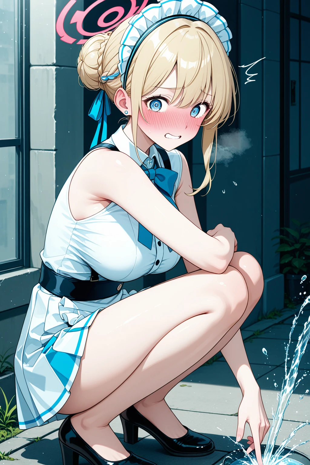 highest quality、High resolution、((The girl is holding the boy's penis and giving him a handjob))、((handjob)), (((1boy))), penis、((cum)), (Boys are naked), 1 girl, ((masterpiece)), disorganized, ((Lillie_Pokemon)), aqua eye, (blonde), ponytail、beautiful white skin、white ribbon, white sailor suit、white pleated skirt , No sleeve, ((charming))、((evil smile))、perfect proportions、((wrestling)), (in the boxing ring), (she grabs the boy's dick)、((Suffering boys)), ((female dominance))、((in the corner of the boxing ring))、(Angle from above)、((she is licking the boy's nipples))、Sweat、Nipple licking handjob、