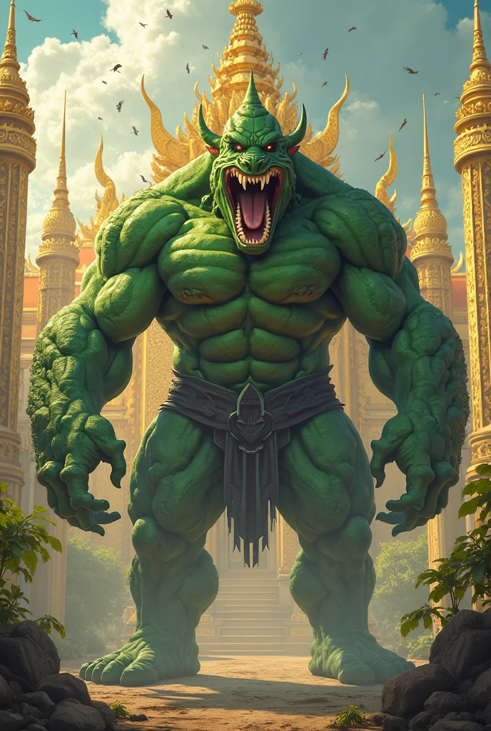 Captivating and hyper-realistic life-size portraits、The towering figure of the Green Hulk is seen striding over the ancient city of Bagan at dusk.。Muscular form、Emerald Skin、Intricate details of Hulk-like features、It is presented with cinematic grandeur.。The temples of Bagan are enveloped in the golden halo of the setting sun.、It provides a breathtaking backdrop to this enchanting scene.。Green Hulk&#39;s eyes、Shining with intense, focused gaze、It seems to capture the attention of the viewer as they continue on their journey, leaving them in awe.