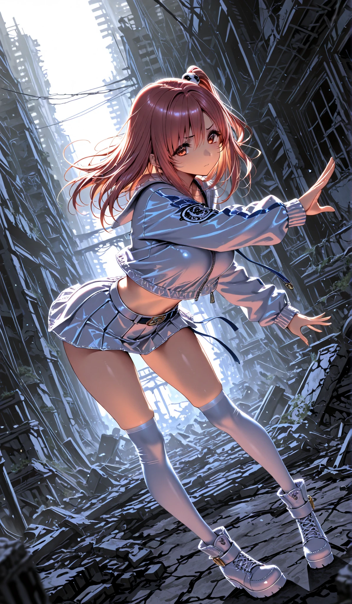 high angle, action shot artwork of an (angry) teen girl hero, david production, BREAK, 
(by Antoine Blanchard and Casey Baugh), masterpiece, best quality, high resolution, (anime), absurdres, illustration, drawing, lineart, thick lines, BREAK,
slow motion, bloom, night sky, (at night), (low light), (running away), BREAK,
beautiful face, glowing pink eyes, beautiful and detailed eyes, very short and messy hair, detailed pink hair, pink lips, scared expression, furrowed eyebrows, BREAK,
(fighting stance), combat, wide hips, shiny skin, small breasts, BREAK,
hero outfit, pink gloves, pink boots, white thighhighs, (white leotard), skirt, (pink cape), detailed clothing, bare shoulders, heart shaped clothes cutout, BREAK,
(destroyed city in background), (rubble), (burning buildings), (destruction) pink hearts