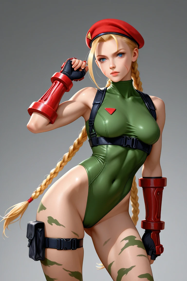 absurdres, highres, best quality, masterpiece, RocksEyebrowRaise, portrait, raised eyebrow, thick eyebrows, face closeup, abstract gradient background, cammy white, blue eyes, blonde hair, very long hair, twin braids, red headwear, green leotard, fingerless gloves, harness, thighs, red socks, black footwear, ahoge