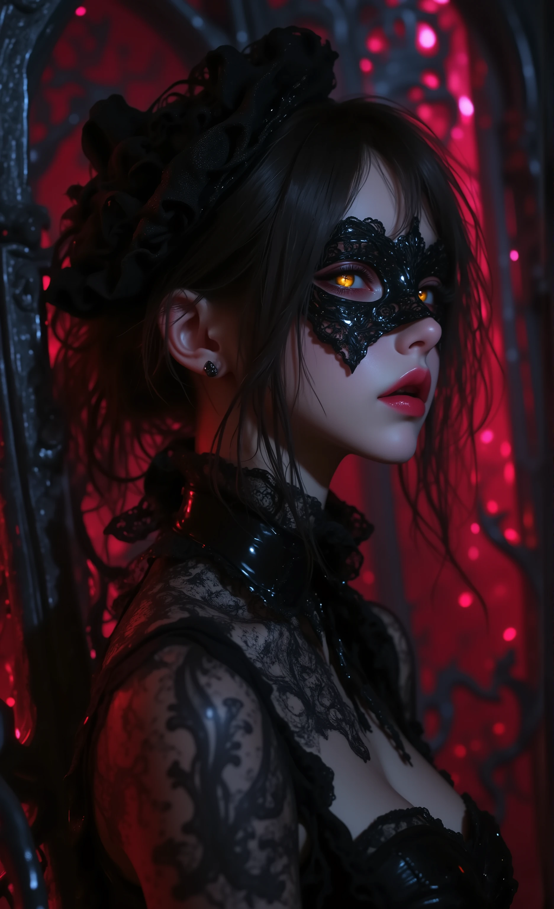 best quality, masterpiece, high sensitivity, high resolution, detailed depiction, Slender Woman, Full Body, A beautiful girl, 顔にWearing a black maskいる,Put on a black face mask,Wearing a black mask,Highest quality、8k、masterpiece:1.3、Gothic punk、The inside is red、Black-haired、hair ornaments、Beautiful girl、creative、Dark Fantasy Style、Neogoth、Goth Fashion:1.ellow Eyes、I can see the fangs、Castle at night,