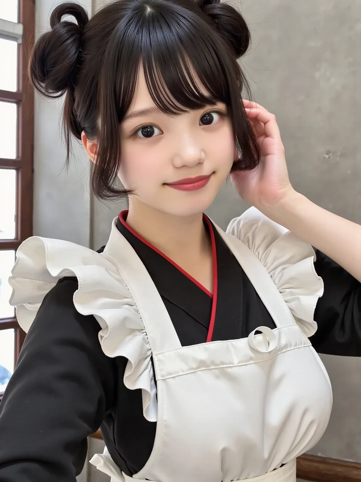 Best image quality, Focus, Soft light, Black hair, (Japanese)), (((Front, 15years old))), (Depth of field), Ultra high resolution, (Real: 1.4), RAW photo, ((( 裸エプロン))), smiling face
