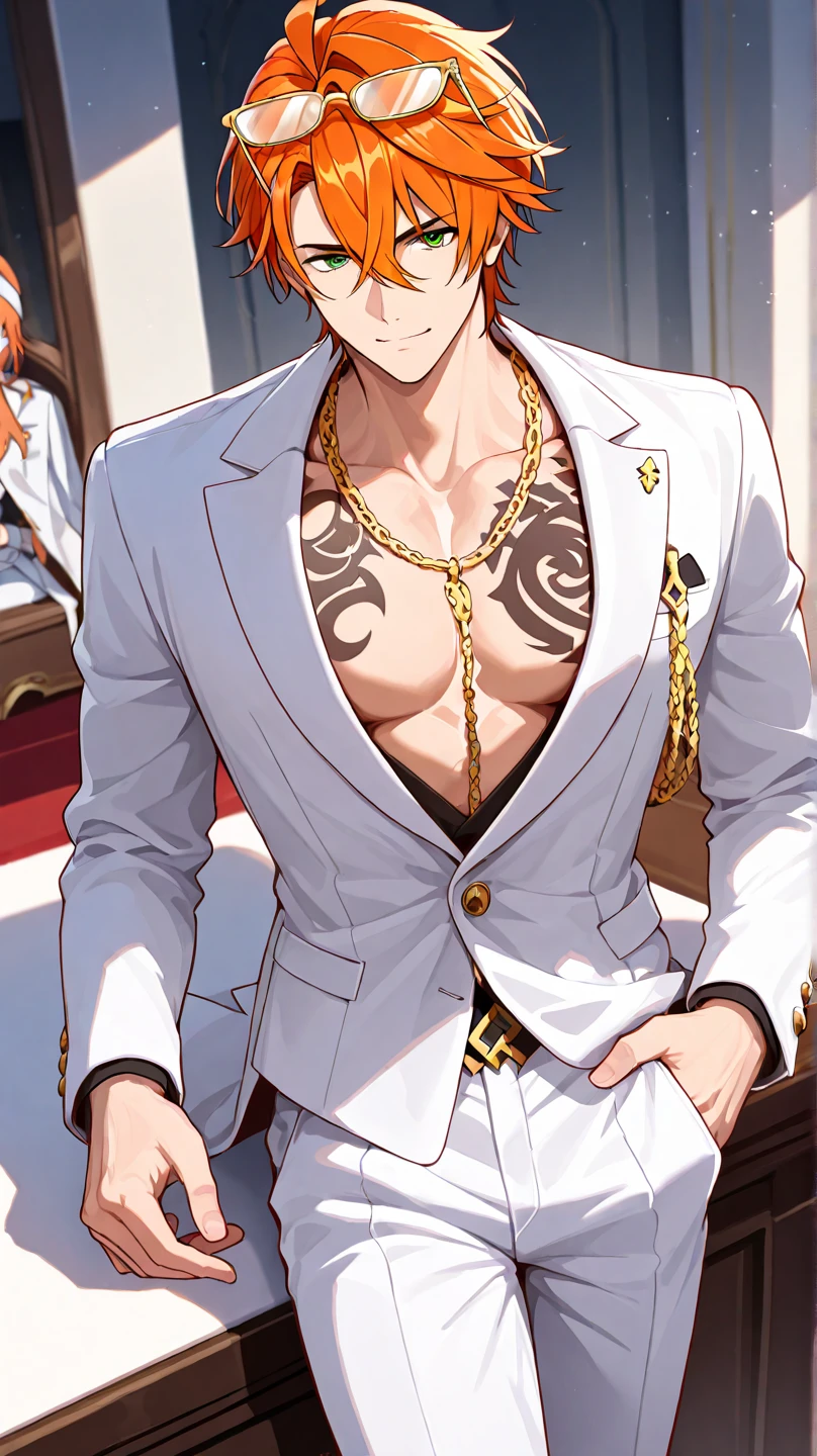 (masterpiece, best quality), 1boy, young man,Shyness blush,musculous, short blue-purple hair, Dark gray eyes, complex, (dress room), full bodyesbian, White baseball uniform, Open light purple jacket, Pectoralis abdominal muscles,vivd colour,(depth of fields:1.2),(abs),Be red in the face,looking at viewert,A piano,spread their legs,