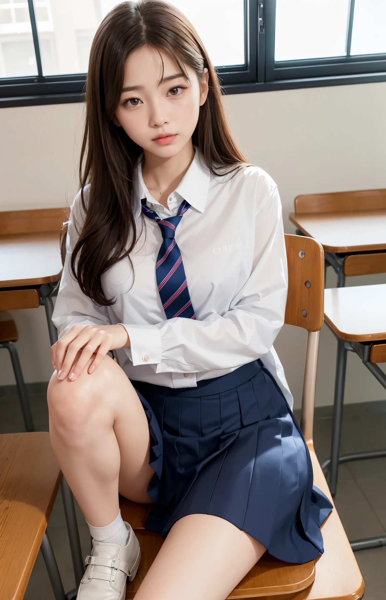 High image, clear image, classroom, 1 woman, 23 years old,white blouse,navy plaid skirt,pink frill panties, sitting in a chair, spread legs, panties shot