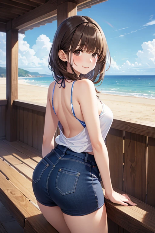 ((Extremely exposed))(High-definition image quality)極Realistic skin texture、High definition face(brown、Very long straight hair、Hair behind the ear、Beautiful moist brown hair、Smooth Hair)((Bright smile))、Gaze(sexyな25歳の女の子、Idol Makeup、Eyeliner)(Fair skin)(Sparkling eyes)Smooth Skin、Realistic skin texture ((Oversized T-shirt、Short length、Cleavage) ((Extremely short denim miniskirt、damage、Super tight、small、Ultra low rise))))Beautiful armpits、On the position of the chest、Round big breasts、Beautiful valley、Ultra-thin waist、Waistline、Long legs、Glitter High Heels((((Seaside cafe during the day))))(((((Medium full shot from behind、sexy))))))Erotic and bold poses