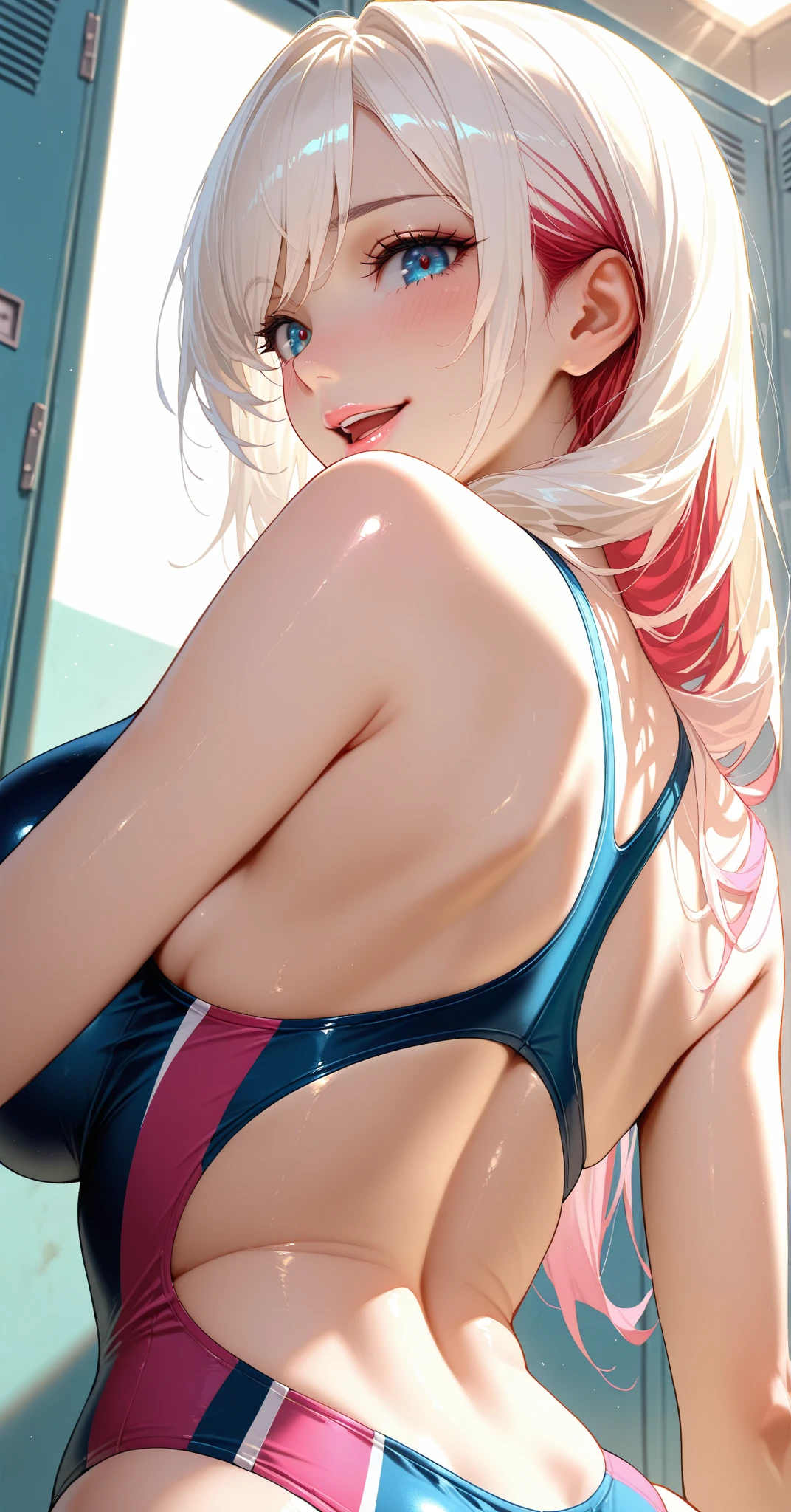 smile,Big hips,big breasts,blue eyes,White hair,ponytail,swimsuit america