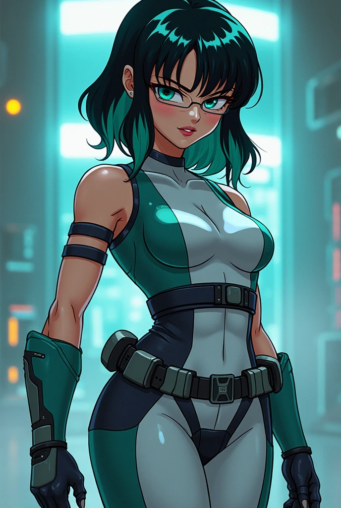 Yuri from The Dirty Pair, , wearing a tight outfit, skimpy, medium breast, (long hair), dark blue hair, beauty, cyberpunk city background, holding retro space-gun, cleavage, slim waist, slim thighs, thigh gap, (light yellow uniform), show belly