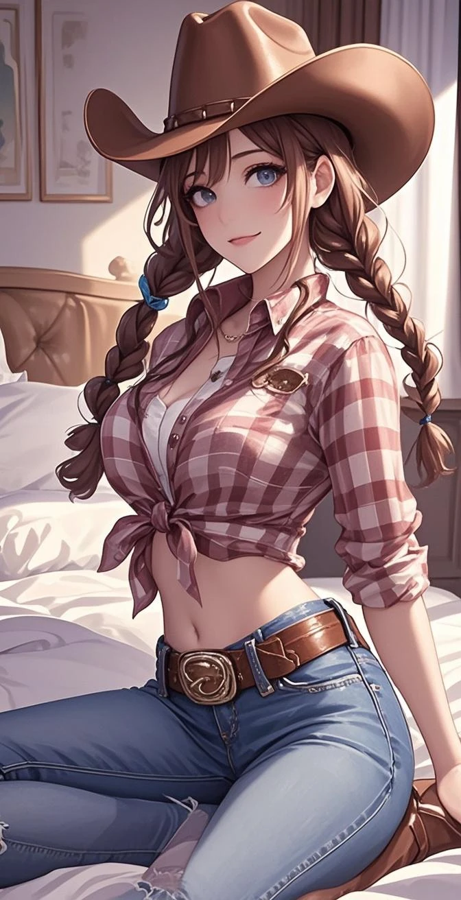 AnnaBelle has light skin and rosy cheeks, with big blue eyes and thick lashes. Her lips are apricot, and she has very faint freckles. Her long, caramel-brown hair is worn in curled pigtails worn at the bottom of her head, with a few loose strands on each side of her face. Her white cow hat has brown spots and a pair of horns.
Her undergarments are made from denim, with gold bead lining and detail, a knotted bow on her chest, and a white and gold belt. Over this she wears a red and white check vest and partially ripped denim short-shorts. Her brown and black cowboy boots have a flower design on the side and are worn with white socks. SPARKLE; GLITTER