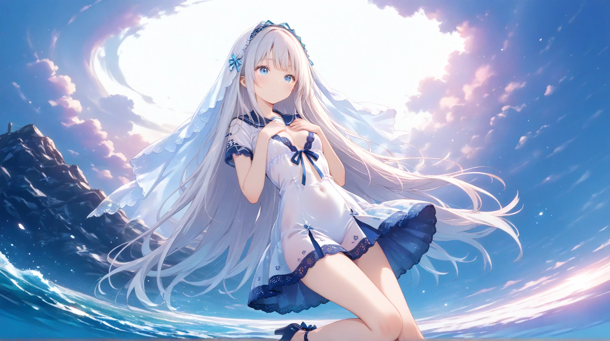 (See-through:1.3),White Seraphim,Sailor suit, White Theme,, Sailor suit, View your viewers,  Insanity, Disheveled long hair, Beautiful attention to detail,Hair shines,Elevation,Blue sailor collar, Firm breasts,A light smile,Partially underwater...