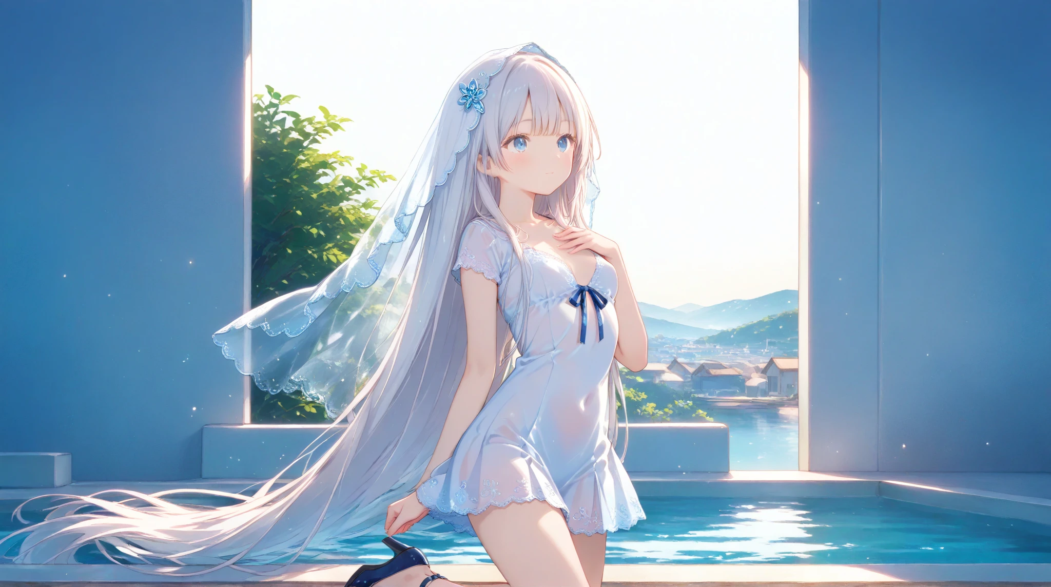 (Highest quality)、((Super detailed))、(Ultra delicate)、Cute girl、White lace dress、Beautiful breasts、Beautiful thighs、Beautiful waterfront、Ass、Beautiful woman looking back