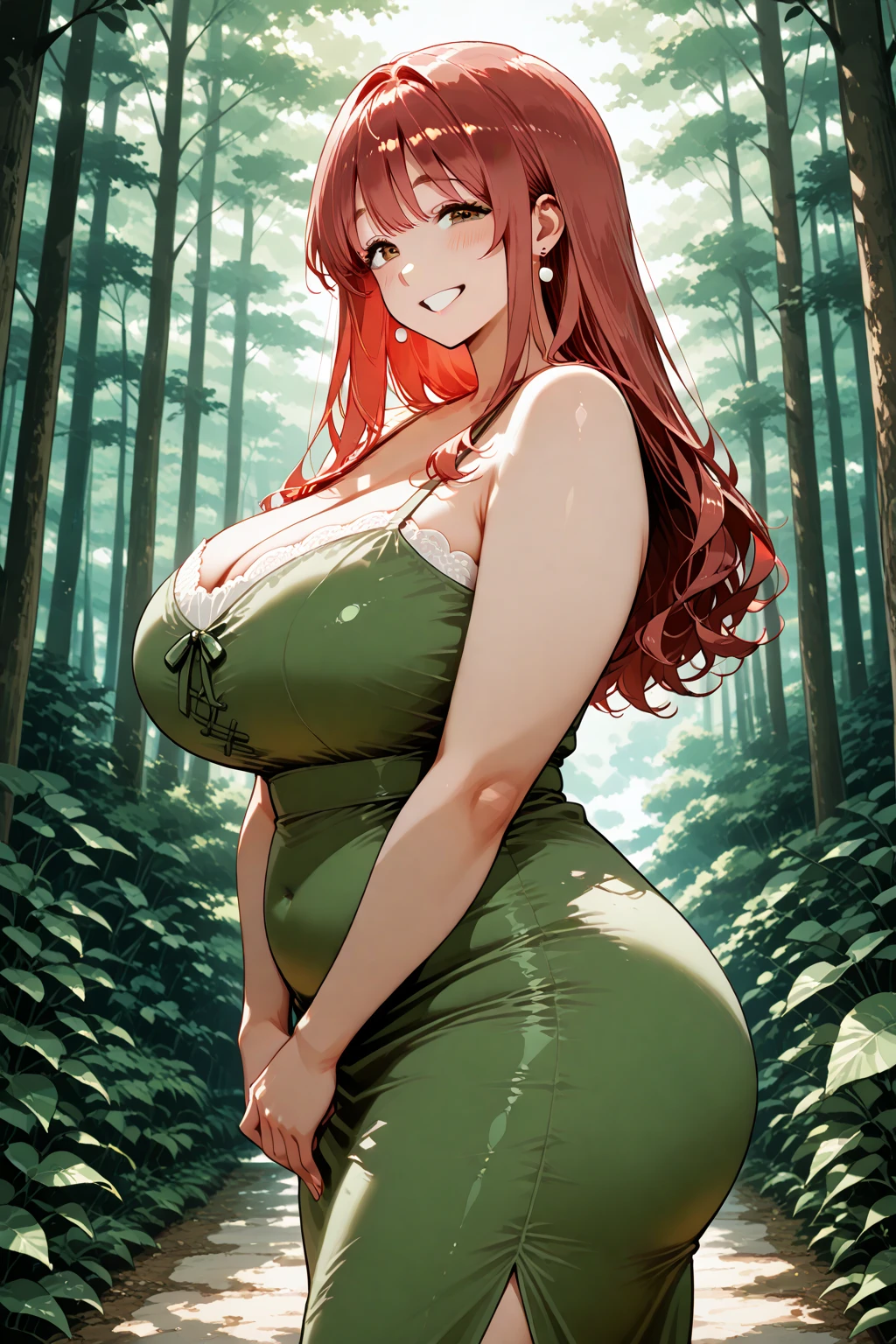 masutepiece, Best Quality, High resolution, solo, 1girl, Full body, Description Girls, detail hands, Detail fingers, Detail Face, cute face, detail legs, overdetailed art, Fine details, Huge breasts, Huge ass, steam, Sweat, orange hair, long hair, wavy hair, carvy, ((corolla)), flower crown, dress, bare shoulders, jewelry, collarbone, earrings, detached sleeves, purple eyes, see-through, green dress, lace knitting, see through sleeves, skimpy, smile, milf, farmer, wheat field, sun,