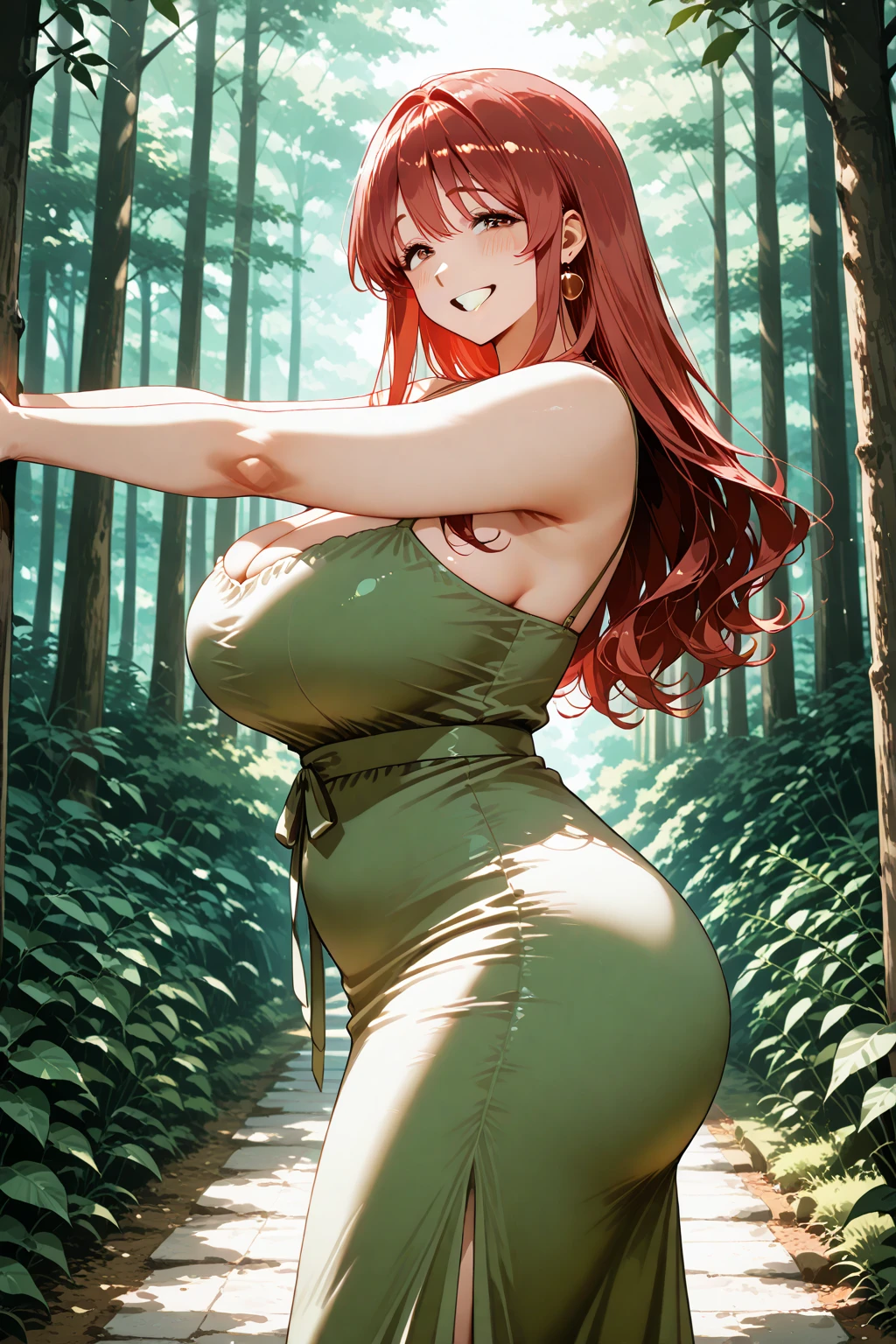 uzumaki_kushina,massive large_breasts, large thighs,large_ass, solo, green shirt,shirt up,navel, ponytail,tight dress, short skirts, masterpiece, best quality, detailed face, detailed eyes, highres, (masterpiece:1.4, best quality:1.2), (Highres), (Detailed Illustration), Ultra-Detailed, konohagakure, spreading leg,looking in front, smiling playfully with a mischievous glint in the eyes