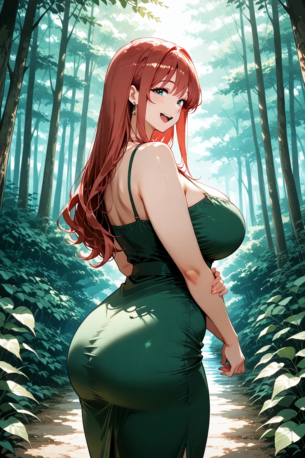 uzumaki_kushina,massive large_breasts, large thighs,large_ass, solo, green shirt,navel, cleavage ,ponytail,tight dress, masterpiece, best quality, detailed face, detailed eyes, highres, (masterpiece:1.4, best quality:1.2), (Highres), (Detailed Illustration), Ultra-Detailed, konohagakure, sitting,looking in front, smiling playfully,mischievous eyes,blue eyes