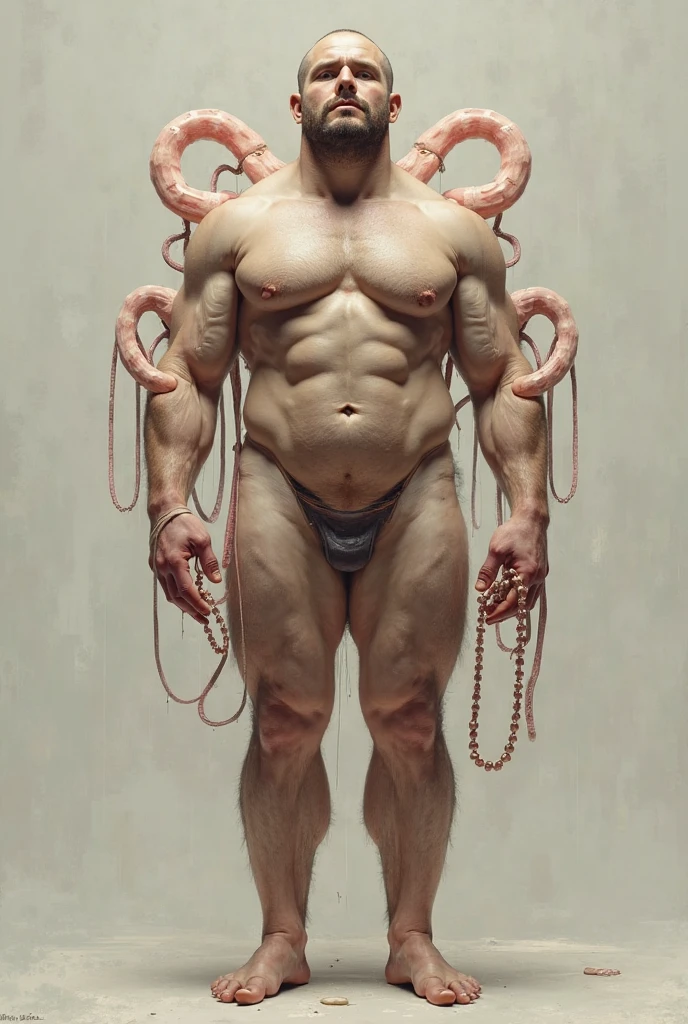 (10 huge and stout octopus tentacles stretched out behind the man:1),A muscular young male stands in the spotlight,Octopus tentacles on the body,milk splashes,bareness,Clear briefs,transparent panty,bare-legged,Seductive smiles