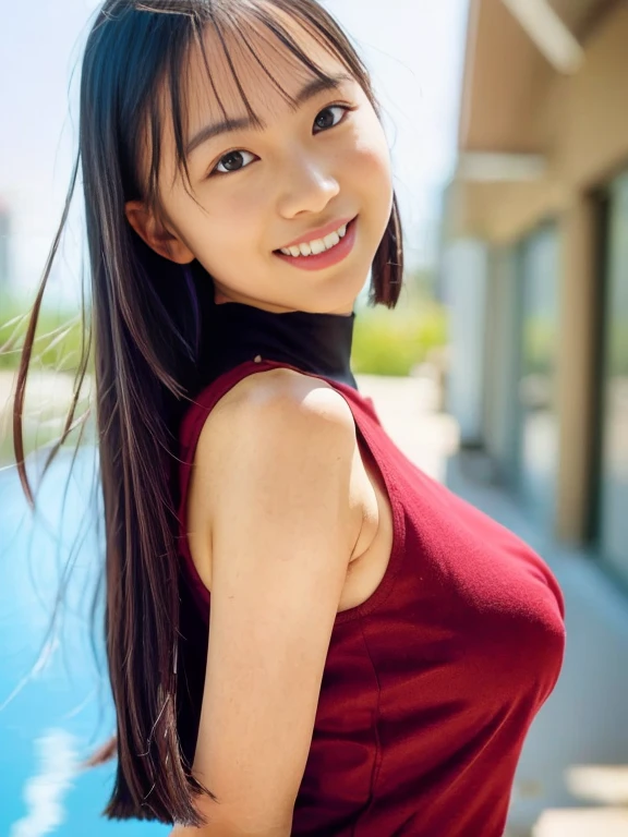 highest quality, figure, Ultra-detailed, finely, High resolution, 8K Wallpaper, 完璧なダイナミックな構figure, ((Sexy pose)), Beautiful Skin, (Big Eyes), 20 year old beautiful girl, Natural color lip, Mid chest, smile, Highly detailed face and skin texture, Detailed eyes, Double eyelid,leaking teeth and laughing, close-up, from above, Black medium hair, (Red blouse:1.2), garden