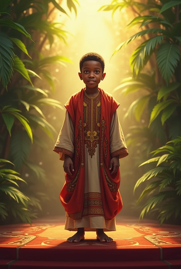 oxumaré child, the African orisha, god of transformation, Yoruba, Yoruba deity, boy's look, sweet boy, sensitive, light smile, bel, props in multicolored tones, wearing a detailed and intricate ade, cosmic god, cosmic forest, astrophotography