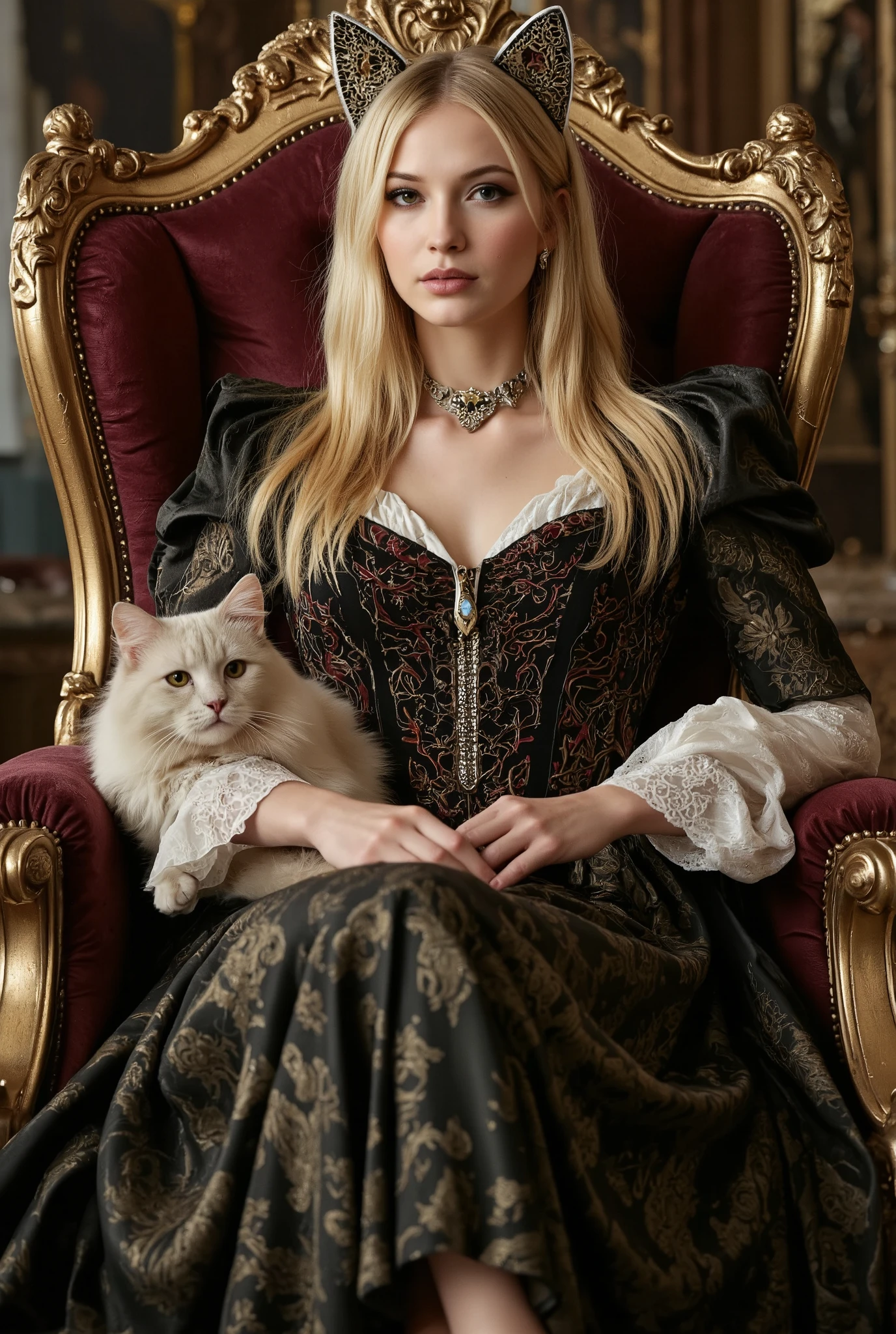 Create a hyper-realistic photo of a beautiful 20-year-old pale-skinned, slender girl with long straight blonde hair and cat ears. She is elegantly dressed in a queen's royal gown, seated on a majestic throne. A luxurious Persian cat rests gracefully on her lap. The scene is set in an opulent environment, with rich textures, intricate details, and soft, cinematic lighting.