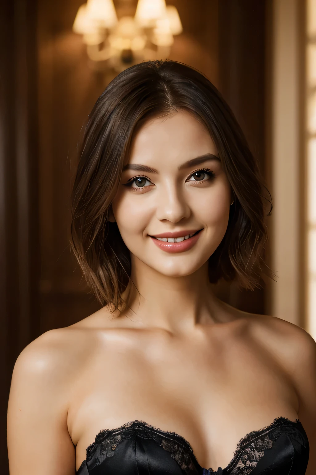 25 ans, brun, Yeux marrons, delicate, professional lighting, flash on, cheveux de longueur moyenne, grains de beauté, sourire romantique, attractive look, bonne couverture, éclairée par les flashs des photographes, skin details, pores de la peau, visage fin, bob cut hair , Yeux marrons, HD, 8k , sourire , dans une boutique de marque a paris
