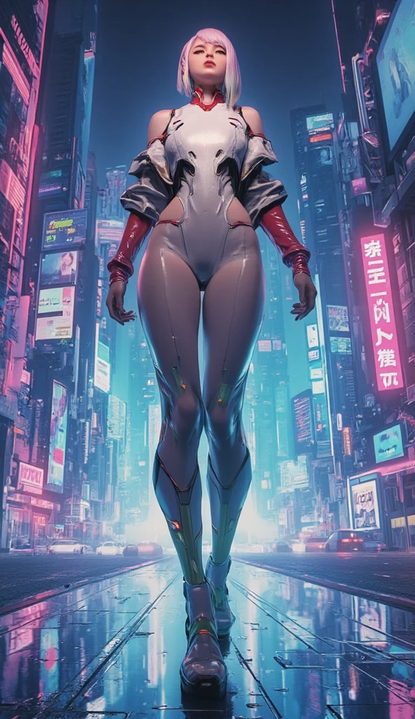 From a futuristic high-rise, the Giantess Goddess with sleek silver skin and neon-blue eyes towers over the city in a metallic bodysuit. Normal-sized humans flee in terror as she steps forward, each tremor causing buildings to collapse. She plucks people from the streets, savoring their panic and pain.