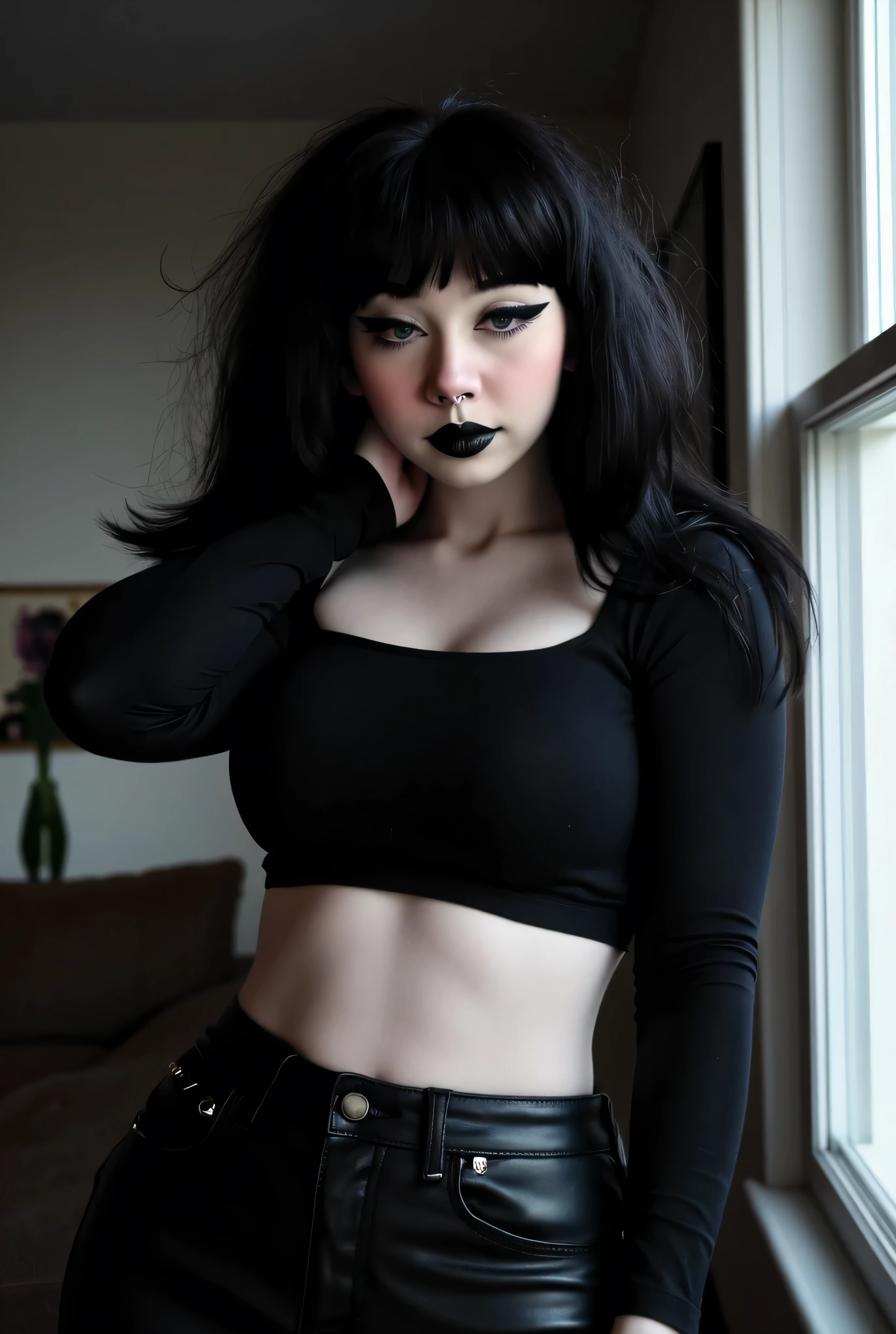 a photo of haylee.
goth woman with bangs, long hair, large breasts, and black eyes, dressed in jeans and crop top, showing booty. , goth Girl