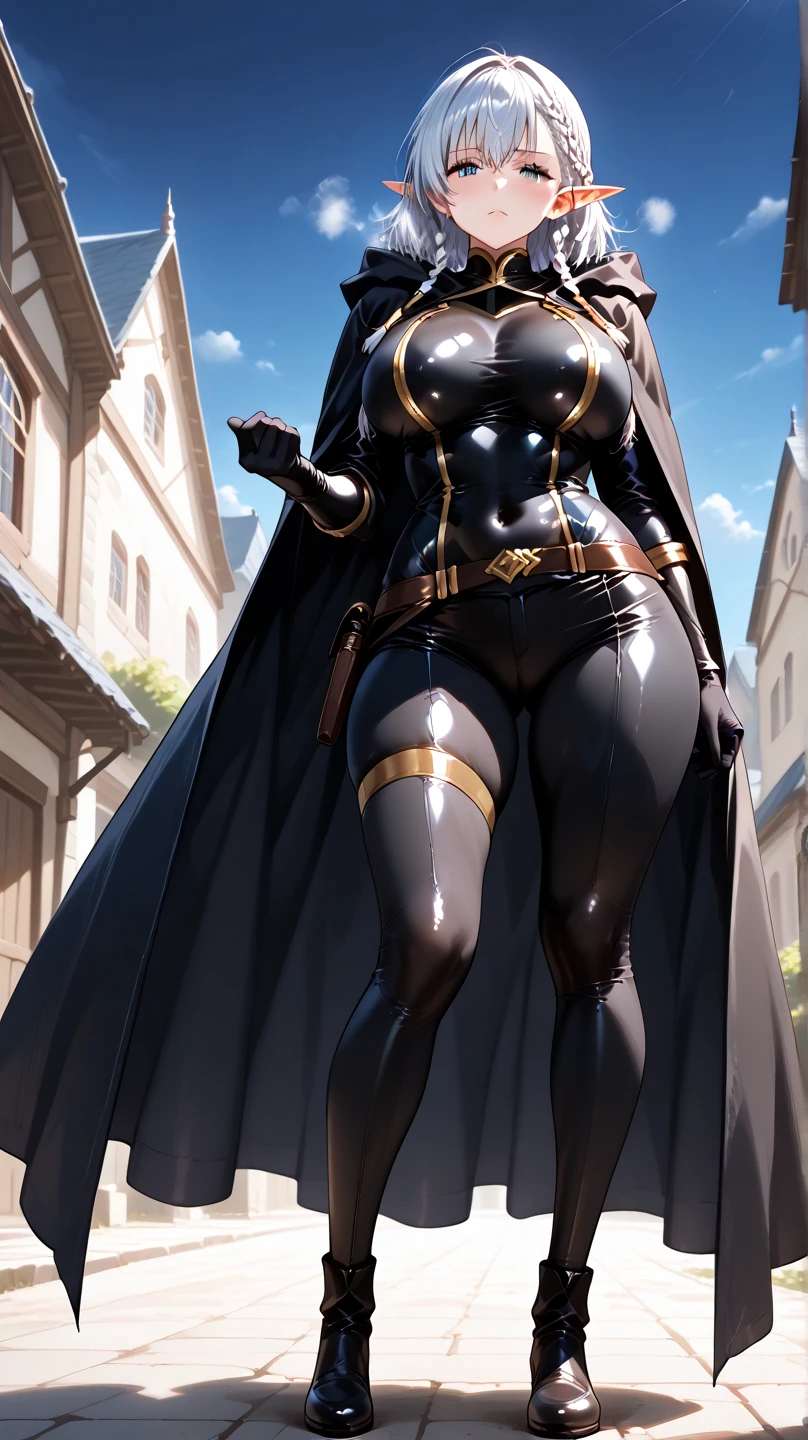 a digital illustration portraying a girl clad in an intricately designed Fremen suit reminiscent of the universe in Frank Herbert's "Dune." The suit boasts meticulous detailing, showcasing its desert-friendly features, including sand-resistant layers, functional utility belts, and a protective headscarf. Against the backdrop of a ferocious desert storm, she stands defiant, the tempest swirling around her. The artwork adopts a hyperrealistic style, accentuating the tactile feel of the suit's texture and the dramatic contrast of light and shadow in the midst of the storm, (Thick thighs:1.3), (huge breasts:1.4),