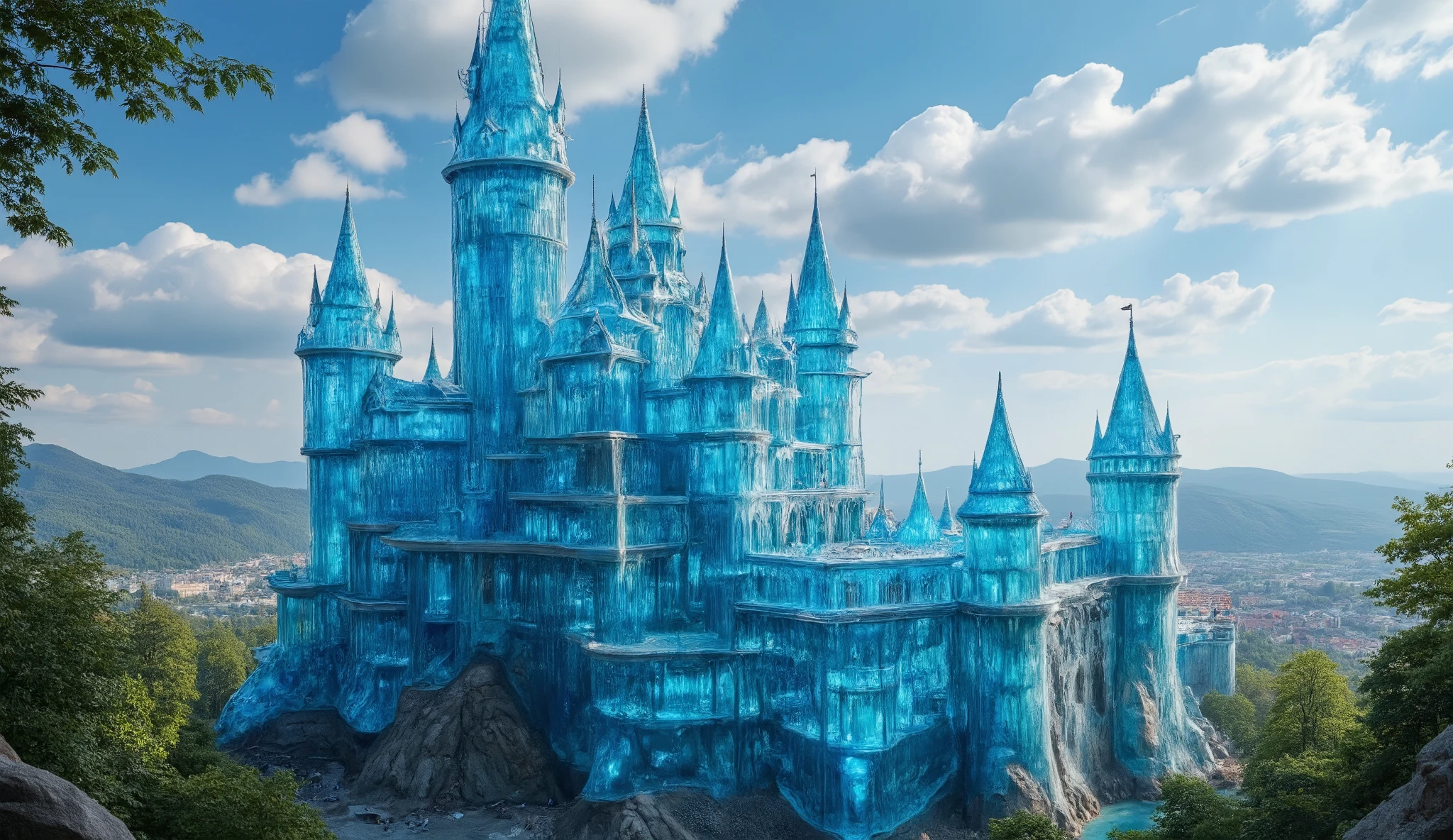 (highdefinition images:1.5)、Majestic Atmosphere,(A huge, transparent blue glass castle that seems to reach the sky:1.5),masterpiece,(highdefinition images:1.5),(top quality:1.5)、(Extremely transparent glass castle:1.5),Look Up、Blue Sky Flowing、(An old European castle with an intricate shape made of glass is being built:1.5)、German glass castles、 Scenery、Nature、high definition、photorealism, (Amazingly Detailed and Clear Glass Castle:1.5),(Neuschwanstein Castle:1.5),