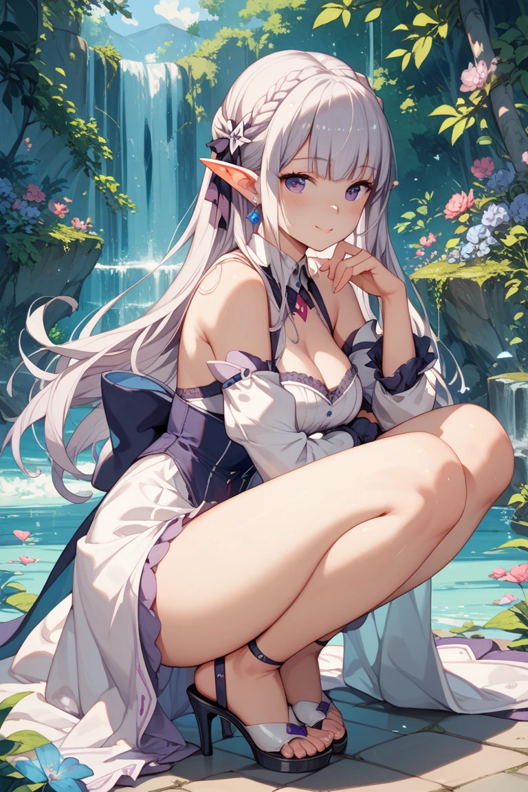 (MASTERPIECE), (Best Quality), (Ultra Detail), Official Art, One Girl, Light-Colored Hair Loli, Petite Girl, Fairy Loli, See-Through Robe, Small Breasts, Cleavage, Off Shoulder, Underboob, Side Boob, Thigh Focus, Navel Out, Card Illustration, Deep Forest Fountain