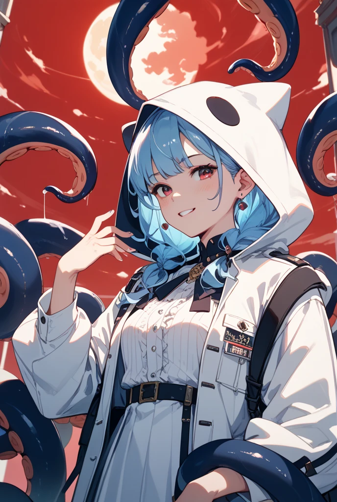 Anime – image of a woman with white hair and a red hat sitting on a chair, best anime 4k konachan wallpaper, Fine details. Anime tentacles, cyberpunk anime girl in hoodie, tentacles around, anime style 4 k, Detailed Digital Anime Art, Digital Cyberpunk Anime Art, digital anime art, digital anime illustration, Anime art wallpaper 8k