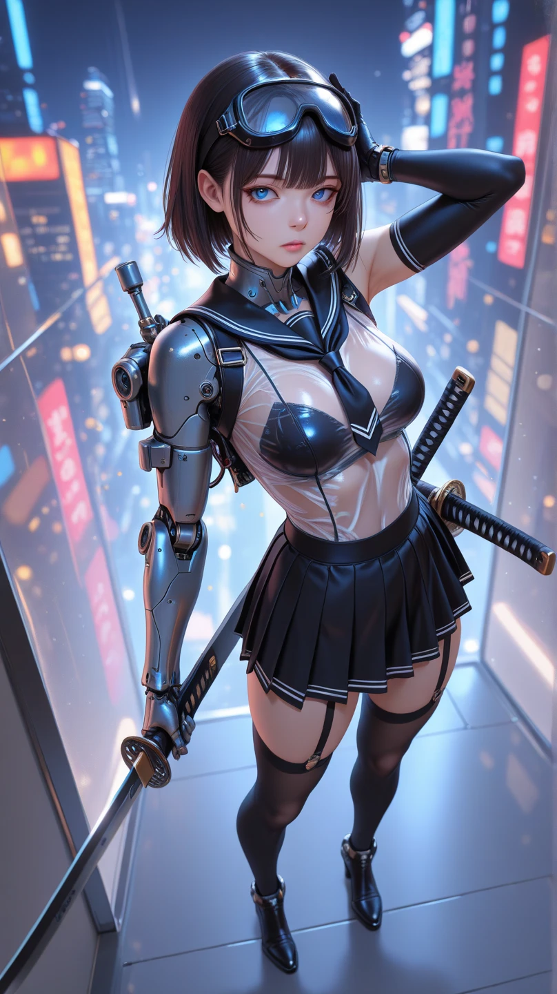 solo girl,Glossy metalic light silver tank top, tight latex shiny, Red interpolation color,Black hair bob,red eyes, camel toe, Samurai Sword,
Lift one leg, sexy lady,