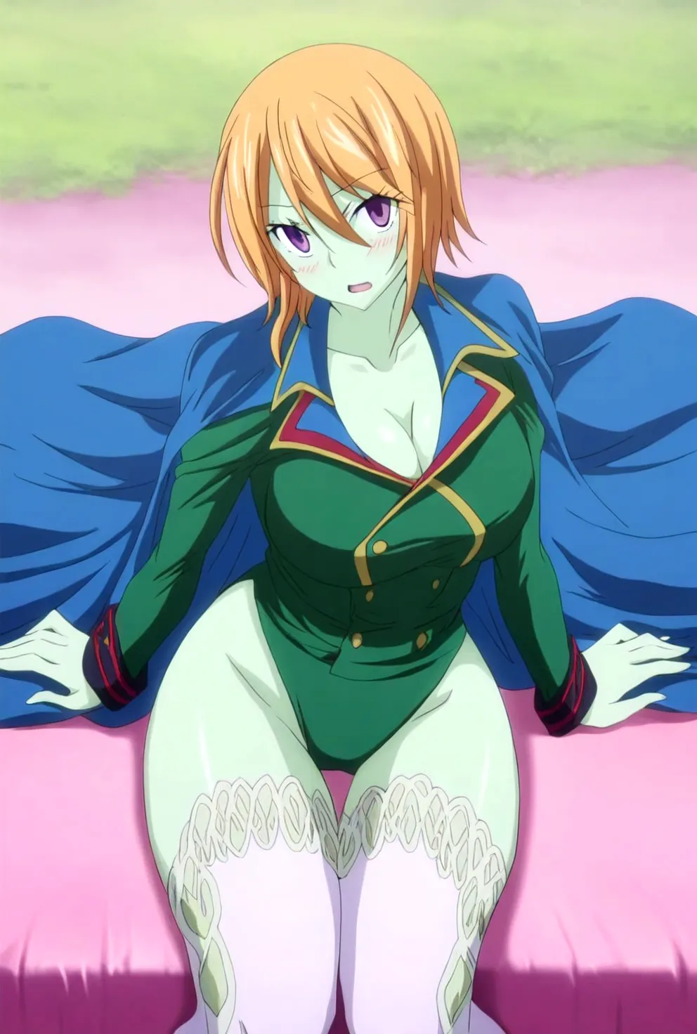 1girl, solo, green hair, short hair, green eyes, from below, yellow dress, Squat on the floor, Open your crotch wide from side to side, Opening legs, Show your crotch to the camera, arms behind back, skirt, (panties), pussy line, pink bra, huge breasts, white thighhighs, smile, bed, bedroom, absurdres,