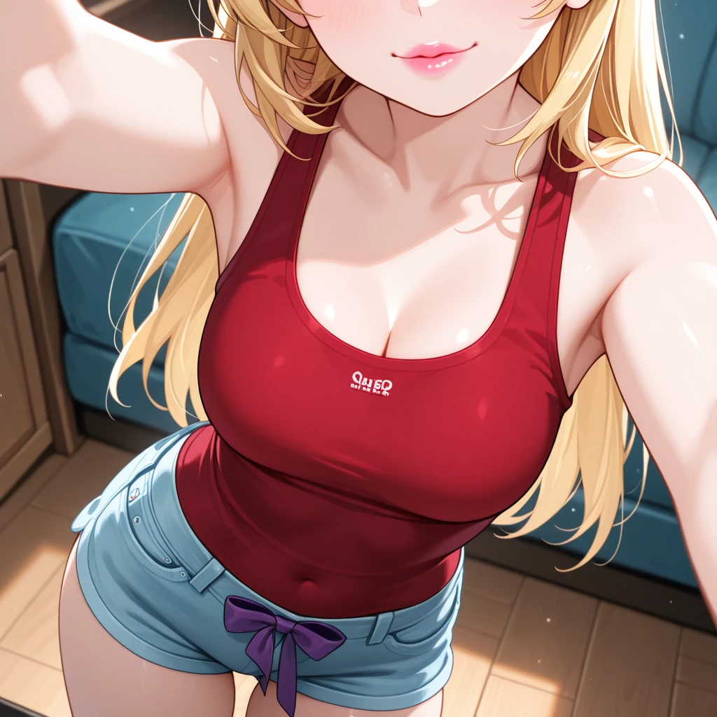 NSFW, Woman with matching tank top and panties, Sexy girl with blue eyes, portrait sophie mudd, portrait corinna kopf, blonde hair and large eyes, Selfie einer jungen Frau, Augen im club Violet Myers, ohne Make-up, Natural makeup, Blick direkt in die Kamera, Gesicht mit Artgram, dezentes Make-up, Stunning full body shot, im Schlafzimmer, Spaltung, full-lengthe longueur