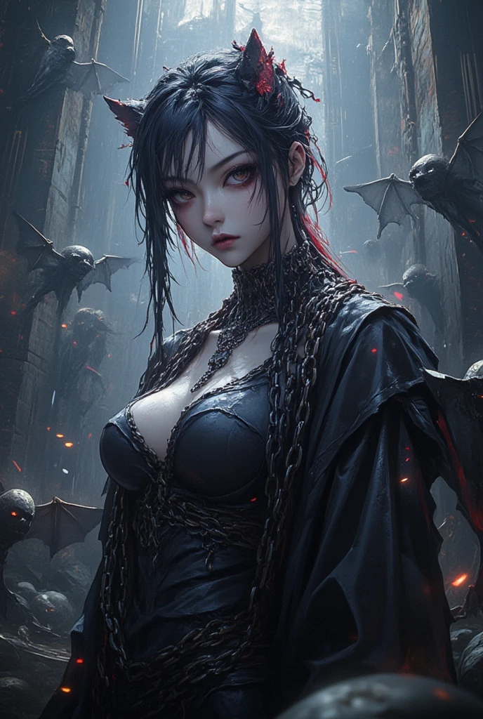 short sleeves,off shoulder, dress, Beautiful devil woman from hell, (in the darkness: 1.6), Surreal female portrait by David Hockney and Alphonse Mucha, fantasy art, korean doll, photorealism, dynamic lighting, art station, poster, Volumetric lighting, The facial details are very rich, 8k, in the darkness, deep shadow, low pitch, (knee shot), long hair, black hair, luxurious palace, royal style, Demon Crown, Red eye makeup is very sharp and detailed, the most beautiful face, normal breast, Surreal, charming smile, Eye makeup is very good, Gurwitz, devil style, red and black lips, Devil tattoo on shoulder, The weather is gloomy and thunderous, (portrait), Protagonist close-up, (Background details 1.8),nude ,show