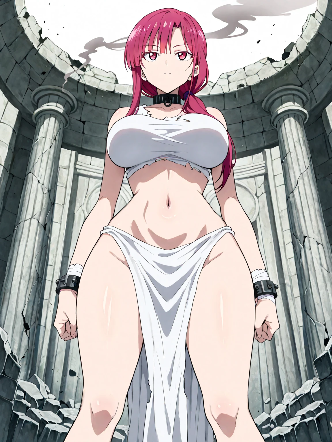 Embarrassed look、Side bust、Landscape illustration、Wet body after shower、Middlewind、Tearnote Yoko, 22 years old、Small breasts、High resolution、short hair、Long Slit Dresses、Pink fabric clothes、Being fucked by a slime