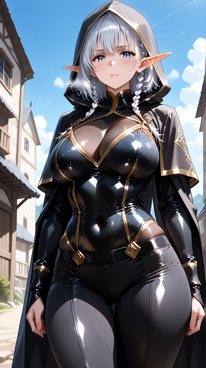 Woman knight、a beauty girl、huge tit、Excellent style、Nice Buddy、glamorous、leotard、s Armor、Shoulder rest armor、Bra chest armor、knee boots、gauntlets、hair adornments、silber hair、Longhaire、Ahoge、is standing、full body seen 、Medieval city、Walking、slightly open mouth、a smile、