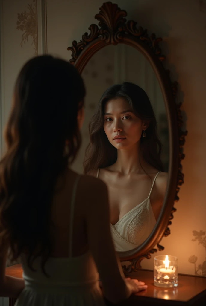 (photorealism:1.2), beautiful woman, sitting in front of the mirror admiring herself in a cinematic way netflix themed