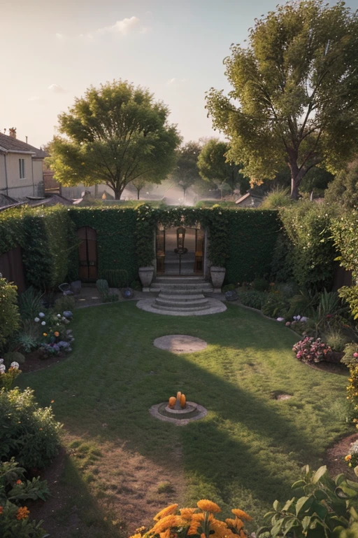 <lora:TR3D:1>, TR3D, 3D render of Lara Croft at her manor in England, mansion, red brick walls, fountain, grass, trees, facing away, back turned, high resolution, subsurface scattering, raytracing
