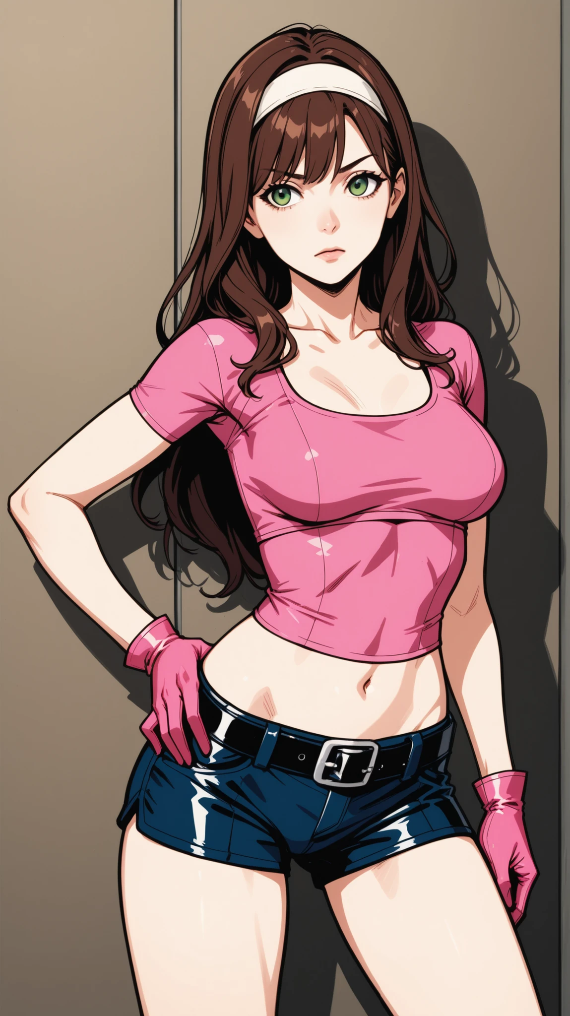 Koyomi Mizuhara, long hair, brunette female with bangs, eyes, glasses, huge breasts, medium plump ass, slender figure, athletic build, standing, view from behind, sexy cheerleader outfit, thin belly, sultry gaze, tight jeans, sexy underwear thong, sexy pose, short shirt