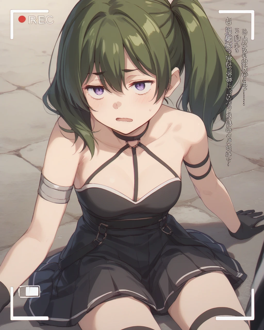 score_9, score_8_up, score_7_up, score_6_up, score_5_up, score_4_up, source_anime, BREAK
best quality, ultra-detailed, 1girl, ubel, (half-closed eyes), BREAK
halterneck, black choker, armlet, arm strap, bare shoulders, black gloves, single glove, black dress, sleeveless dress, pleated dress, black belt, calflet, thigh strap, black footwear, (thick), provocative, leaning forward, arms behind back, smirk,