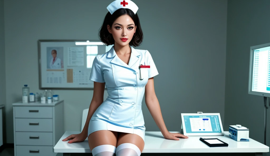 Nurse Costume, 1 girl, short dress, white stockings, seductive expression,  sitting at the table, Anime style, digital painting,  hospital background , Rim lighting, soft glow on the skin, extremely detailed, 4k, suggestive, erotic aesthetics