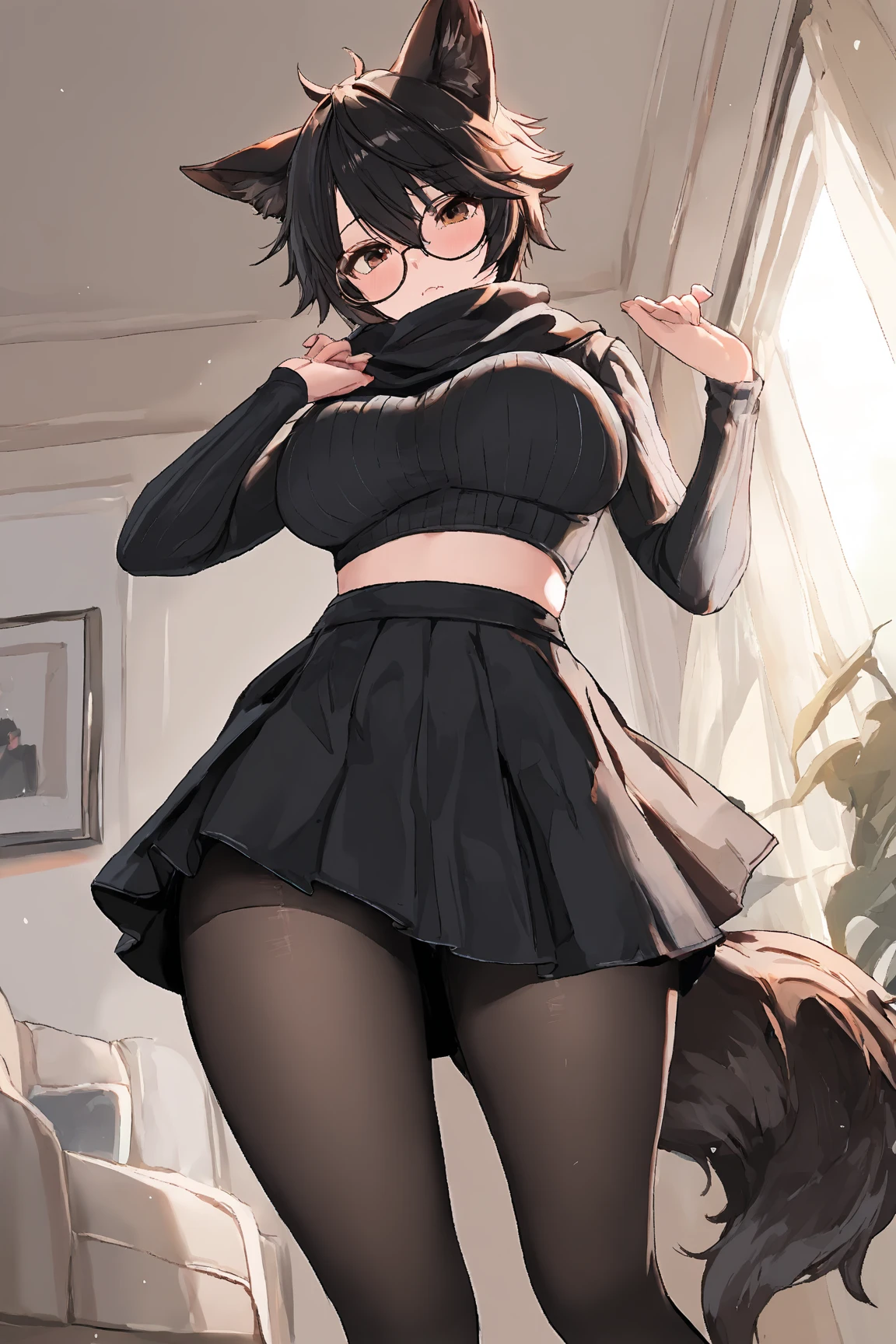 beautiful, (masterpiece: 1.2), (best quality: 1.2), perfect eyes, perfect face, perfect lighting, (1girl), (solo), (female focus), black hair, short hair, black eyes, light smile, closed mouth, crop top, (black leggings), (tight leggings), standing, dynamic background, looking back, ((wide hips)), (thick), braless, goth girl, goth girl makeup, corneo_runny_makeup, runny makeup, thick thighs, big ass