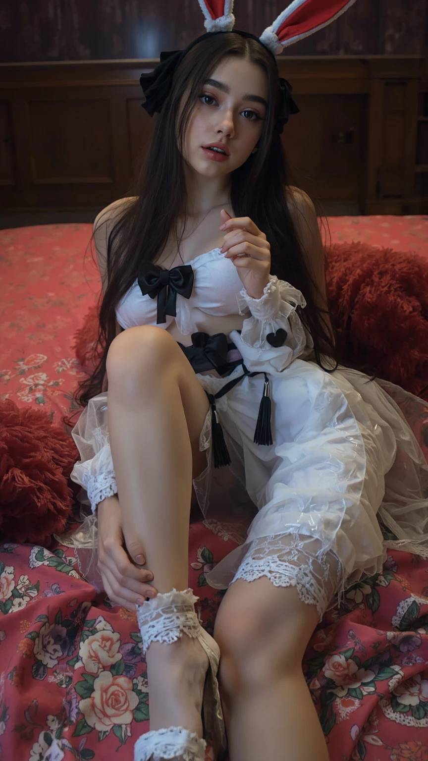 ULZZANG-6500-V1.1, (Raw Photos: 1.2), (Photorealistic: 1.4), Beautiful Detailed Girl, Highly Detailed Eyes and Face, Beautiful Detailed Eyes, Ridiculous, Incredibly Ridiculous, Huge File Size, Ultra Detailed, High Resolution, Very Detailed, Best Quality, (Bright Indoors), (Soft Light), (Low Contrast), (Shallow Depth of Field), ( Portrait of a beautiful woman illuminated by gentle light), (very delicate and elegant depiction), (short length bangs), (hair color is a dark maroon shade with a slight brown tone), (subtle and gentle wavy hair), (small braid intricately woven on the sides of long hair), (decorated with thin ribbons), (white blouse with small ruffles), (bow tie), (blue long skirt), (( Bare skin calves)), ((ruffled white ankle-length silk socks))), illustration, very detailed, CG, unification, 8k wallpaper, amazing, fine detail, top quality, face light, movie lighting, 1 girl, 24 years old, (without panties)), (dynamic pose)), (bent knees and legs sitting)