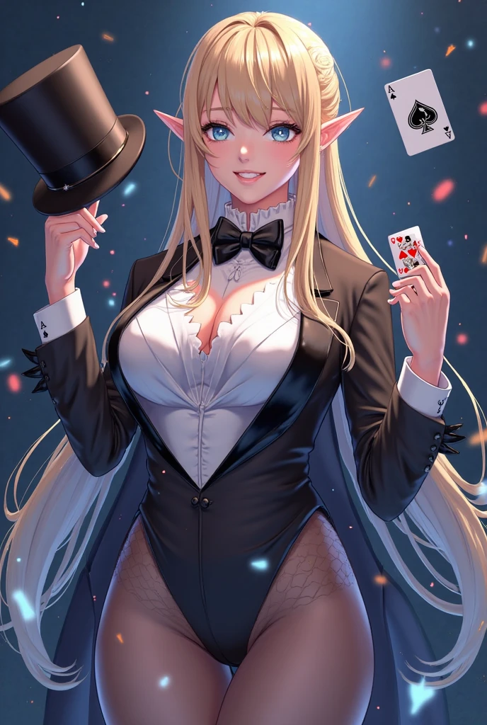 Beautiful female magician, , Trump, Long Hair, bangs, Laugh brightly, Wearing a small top hat, Wearing a black bunny suit, Wearing a long-tailed tuxedo, Wearing black pantyhose, Cards were flying everywhere.,High leg and fishnet stockings,