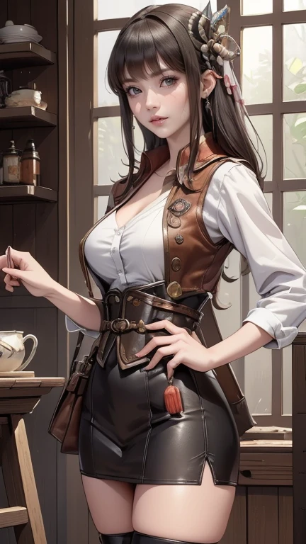 A beautiful woman blacksmith with brown hair, brown eyes, and a large chest.