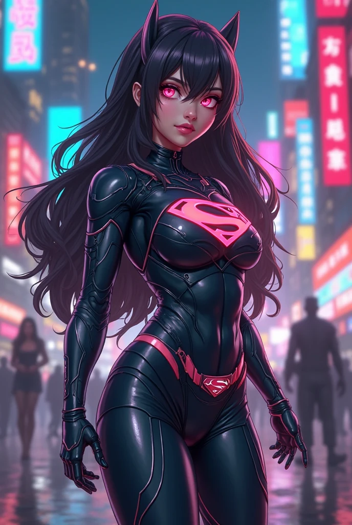 a digital painting of supergirl merging with venom, long hair, cyberpunk art by Josan Gonzalez, winner of the behance contest, afrofuturism, synthwave, neon, shiny neon, thick thighs, thin waist, sensual, nsfw, little clothing, erotic art, anime, torn battle clothes, extremely sexualized, sweaty body, NSFW, big breasts, big ass, HD, 8k, High quality, details, perfect body, Highlight the body, detail on the perfect face, detail in the background, emitting blue rays of power through the eyes, flaming rays in the eyes