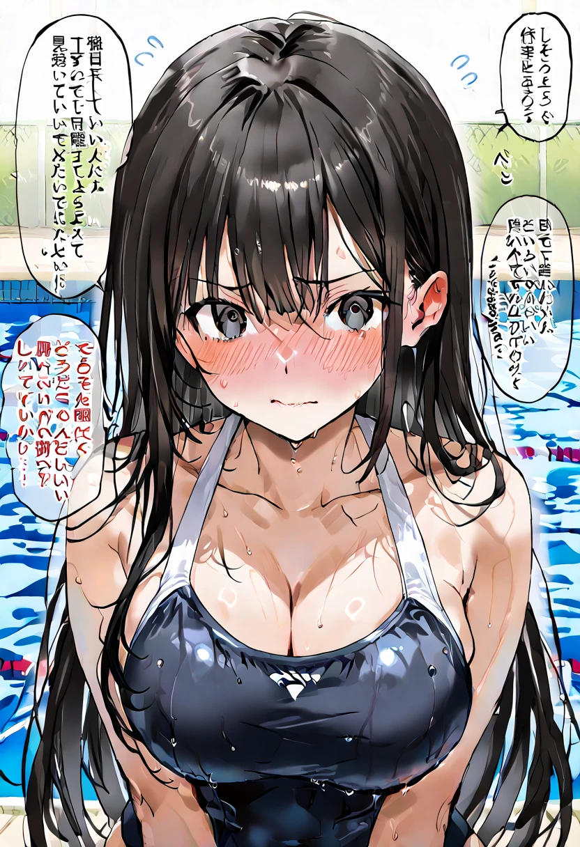 1 female,black hair,((12 years old)),(((blue shiny skirt)))((Sexy black micro bikini))(((blush、open mouth smile)),(((Yuki Mikan))),((())),crowd,(()))(baby girl body shape)(((small breasts)))sexy pose,()((wet with sweat))(((Shiny clothing)))